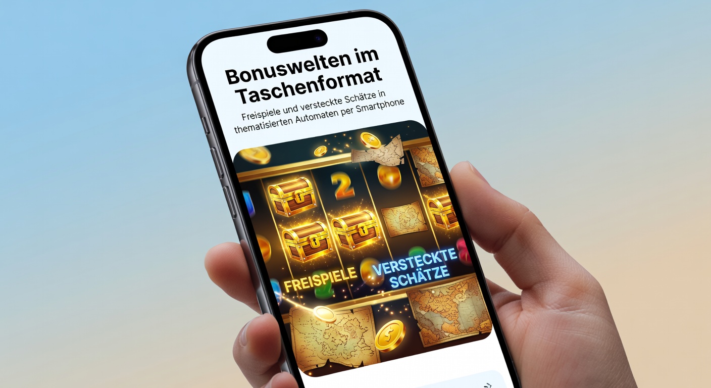 Smartphone mit bunten Slot-Automaten-Themen und leuchtenden Freispiel-Symbolen auf dem Display