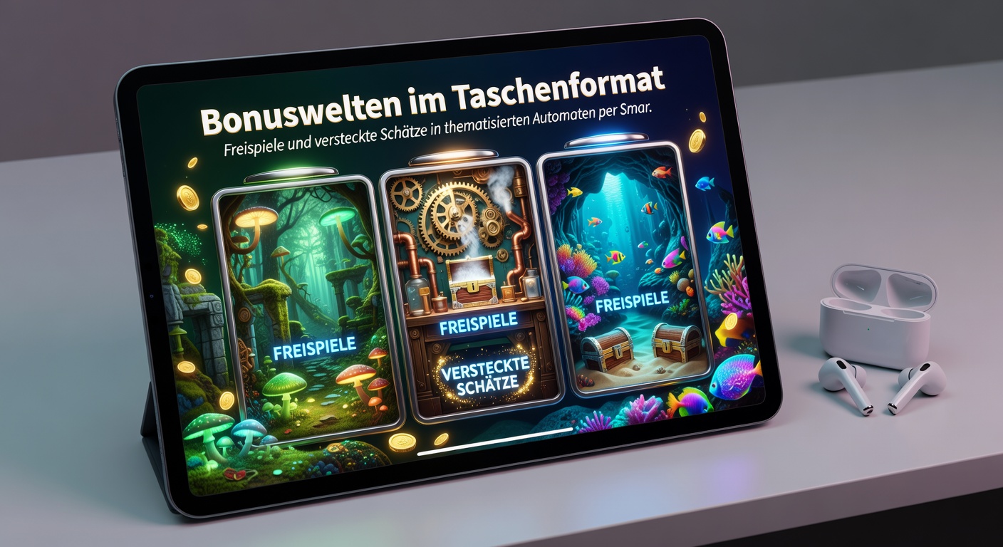 Nahaufnahme eines Smartphones, das eine Bonus-Runde in einem thematisierten Slot zeigt, mit leuchtenden Schatzkisten und drehenden Reels