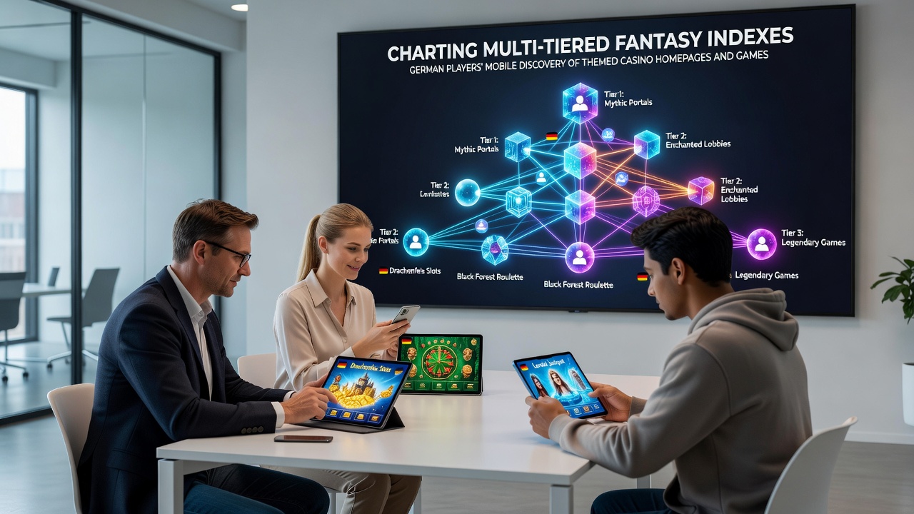 Illustration mehrstufiger Indizes für Fantasy-Casino-Homepages auf mobilen Geräten