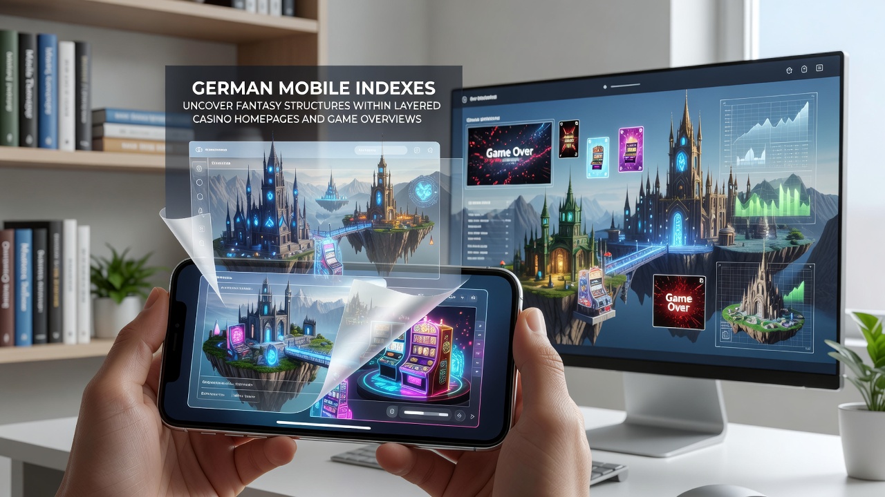 Darstellung geschichteter Casino-Homepage-Strukturen mit Fantasy-Elementen in mobilen Indizes