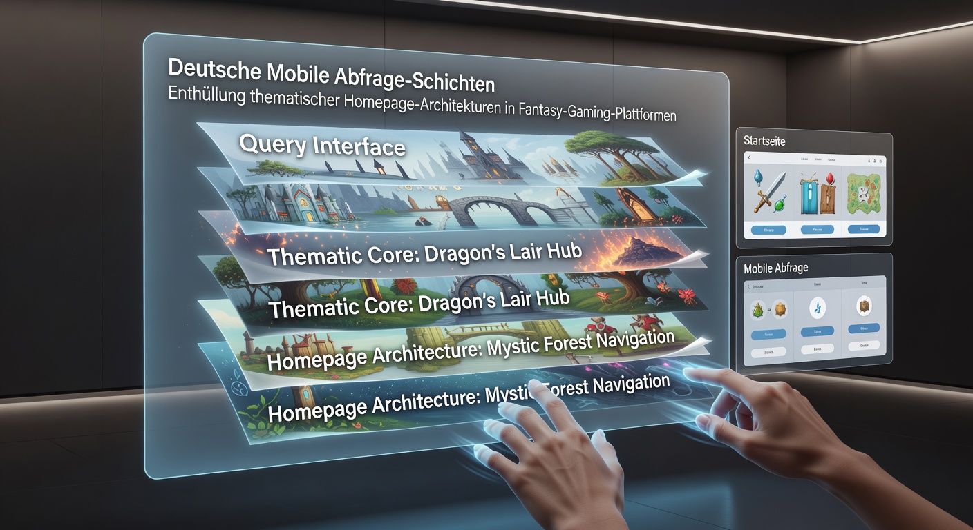 Darstellung geschichteter mobiler Suchabfragen und thematischer Homepage-Strukturen in Fantasy-Gaming-Plattformen