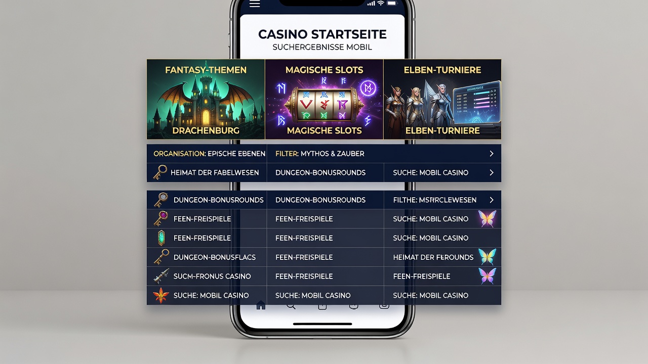 Beispiel einer Fantasy-Casino-Homepage mit geschichteter Navigation in mobilen Suchen