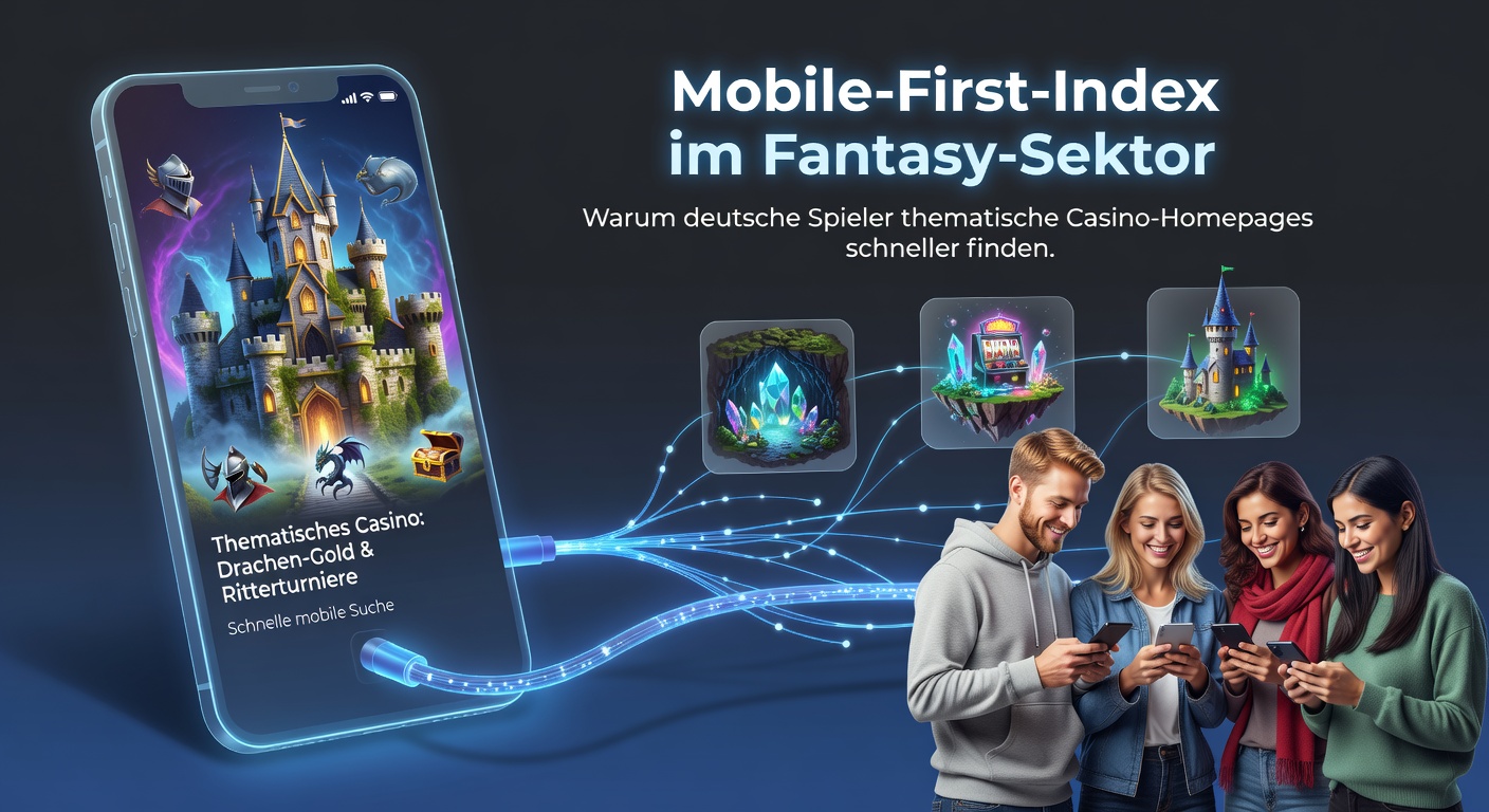 Smartphone mit Fantasy-Casino-Interface und Suchmaschinen-Index-Symbolen, die mobile Optimierung illustrieren