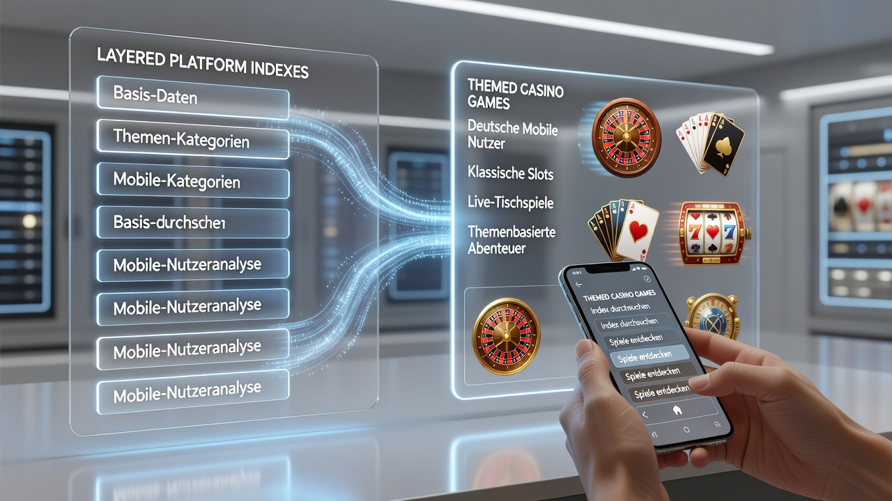 Darstellung einer mobilen App-Oberfläche mit thematischen Casino-Indizes und Filteroptionen